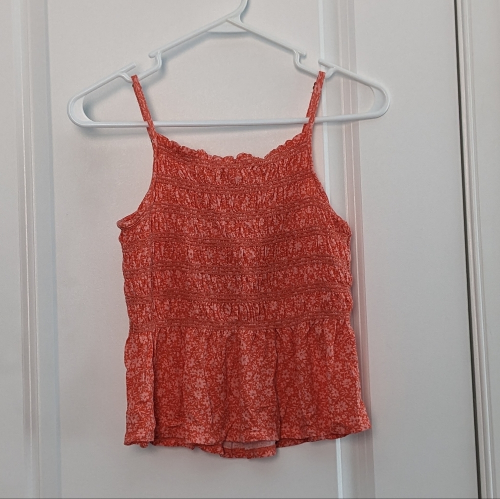 SO Shirred Spaghetti Strap Summer Top (Salmon and Pink Pattern, Size M)